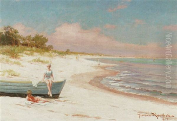 Badstrand I Skane Oil Painting by Johan Fredrik Krouthen