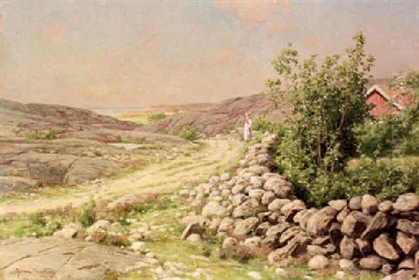 Blommande Sommarlandskap Med Flicka Och Pickande Hons by Johan Fredrik Krouthen