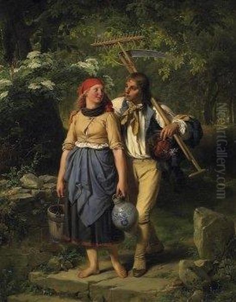 Young Couple Returning From The Forest Trail Oil Painting by Jakob Becker