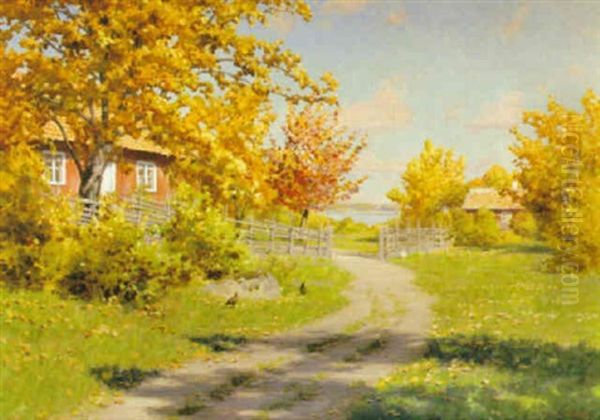 Solig Sensommardag Vid Stugan Oil Painting by Johan Fredrik Krouthen