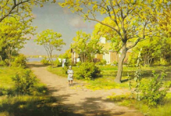 Flicka Med Applen I Sommarlandskap Oil Painting by Johan Fredrik Krouthen