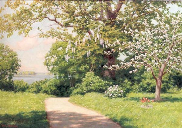 Soligt Sommarlandskap Med Blommande Syrener Och Frukttrad Oil Painting by Johan Fredrik Krouthen