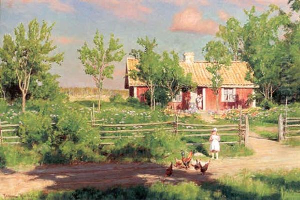 Sommartorpet - Landskap Med Barn Och Pickande Hons Oil Painting by Johan Fredrik Krouthen