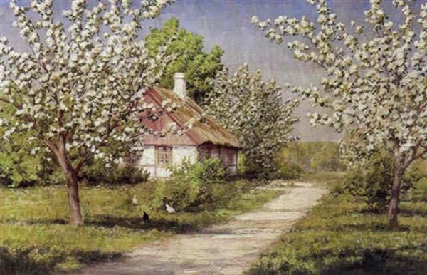 Forarsdag Med Blomstrende Frugttraeer Foran Et Gammelt Bondehus Oil Painting by Johan Fredrik Krouthen