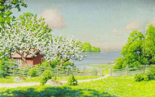 Sommarlandskap Med Appelblom Oil Painting by Johan Fredrik Krouthen