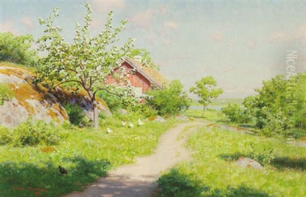 Sommarlandskap Med Rod Stuga Och Pickande Hons Oil Painting by Johan Fredrik Krouthen