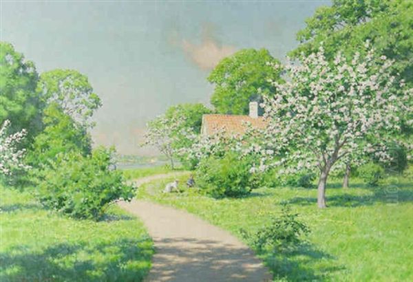 Sommarlandskap Med Blommande Appeltrad Och Manniskor Oil Painting by Johan Fredrik Krouthen