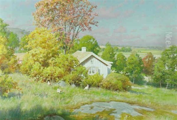 Landskapsvy Med Trad Och Vit Stugasensommar Oil Painting by Johan Fredrik Krouthen