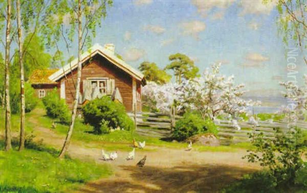 Sommaridyll Med Blommande Appeltrad Oil Painting by Johan Fredrik Krouthen