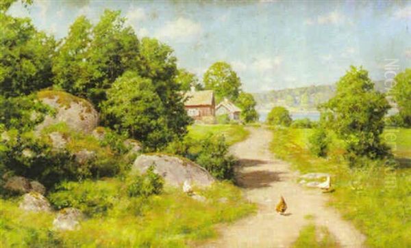 Sommarlandskap Med Landsvag Oil Painting by Johan Fredrik Krouthen