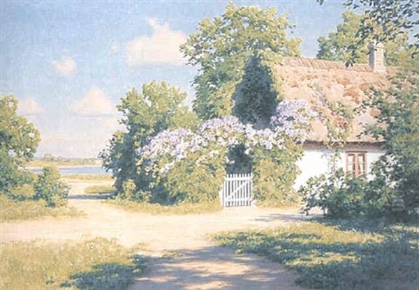 Skanelanga Med Blommande Syrener Och Insjo Oil Painting by Johan Fredrik Krouthen