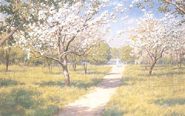 Flicka I Blommande Frukttradgard Oil Painting by Johan Fredrik Krouthen