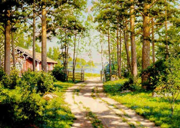 Solbelyst Skogsvag Oil Painting by Johan Fredrik Krouthen