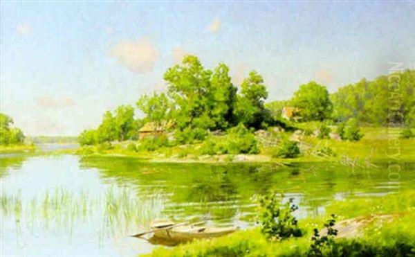 Sommarlandskap Med Eka Oil Painting by Johan Fredrik Krouthen