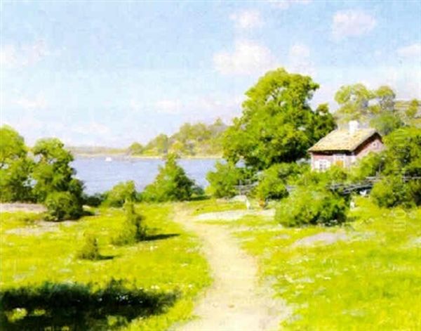 Sommarlandskap Med Pickande Hons Oil Painting by Johan Fredrik Krouthen