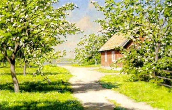 Blommande Appeltrad Och Pickande Hons Oil Painting by Johan Fredrik Krouthen