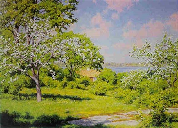 Sommaridyll, Med Rod Stuga Och Blommande Frukttrad Oil Painting by Johan Fredrik Krouthen