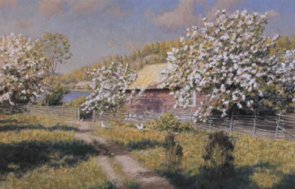 Idyll Med Blommande Trad Oil Painting by Johan Fredrik Krouthen