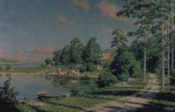 Sommarlandskap Fran Sommen Oil Painting by Johan Fredrik Krouthen