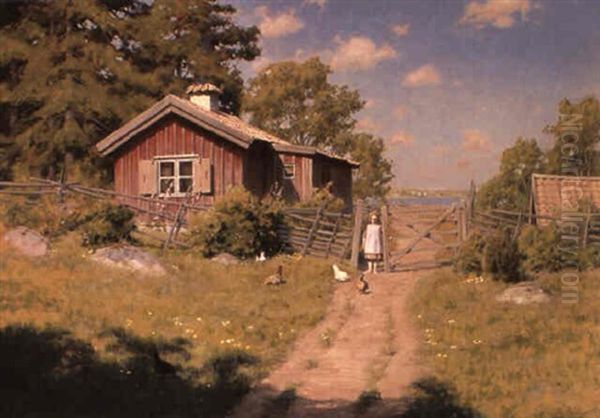 Flicka I Sommarlandskap Oil Painting by Johan Fredrik Krouthen