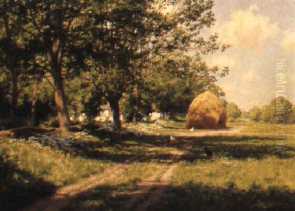 Pickande Hons Pa Grasbevuxen Stig Oil Painting by Johan Fredrik Krouthen