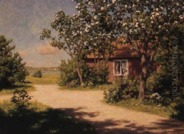 Samtal Vid Stugfonstret Oil Painting by Johan Fredrik Krouthen