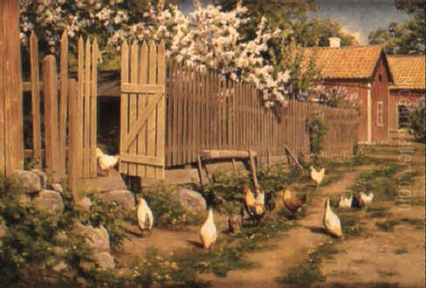 Var Pa Garden Med Elva Honor Och En Tupp Oil Painting by Johan Fredrik Krouthen