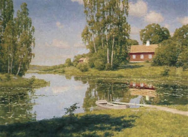 Sjo Med Roddbat Oil Painting by Johan Fredrik Krouthen