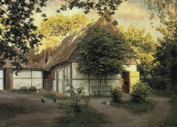 Skansk Gardsexterior Med Pickande Hons Oil Painting by Johan Fredrik Krouthen