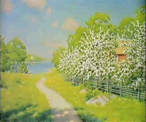 Sommarlandskap Med Sjo Samt Blommande Frukttrad Vid Staket Oil Painting by Johan Fredrik Krouthen