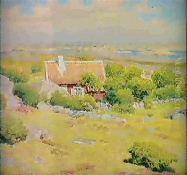 Utsikt Over Sommarlandskap Med Rod Stuga Oil Painting by Johan Fredrik Krouthen