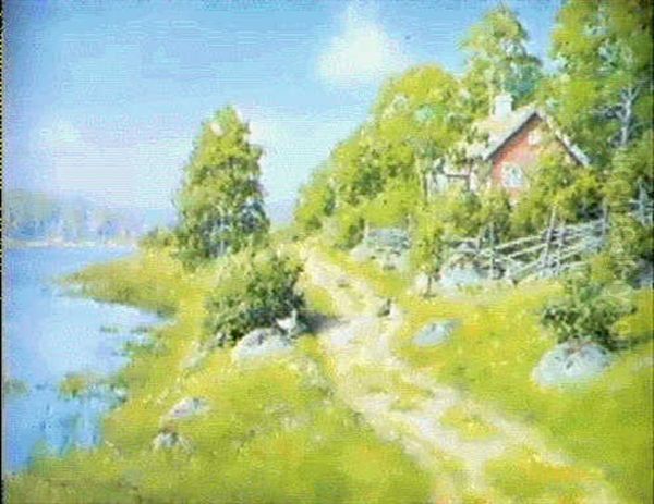 Landskap Med Rod Stuga Vid Sjo- Solig Sommardag Oil Painting by Johan Fredrik Krouthen