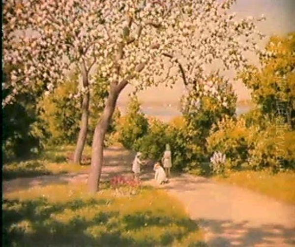 Parkmotiv Med Blommande Frukttrad Samt Lekande Smaflickor - Solig Sommardag Oil Painting by Johan Fredrik Krouthen