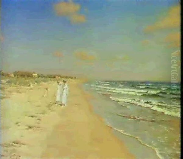 Figures Strolling Along A Beach Oil Painting by Johan Fredrik Krouthen