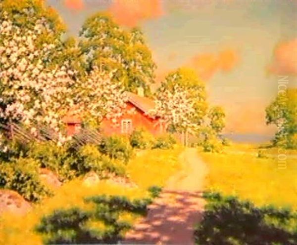 Forsommardag Med Blommande Frukttrad Vid Rod Stuga Oil Painting by Johan Fredrik Krouthen