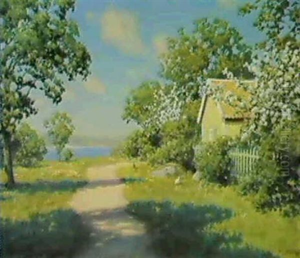 Gul Stuga Bland Blommande Frukttrad Vid Sjo Oil Painting by Johan Fredrik Krouthen