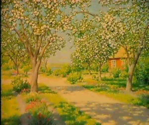 Forsommardag Med Blommande Frukttrad Oil Painting by Johan Fredrik Krouthen