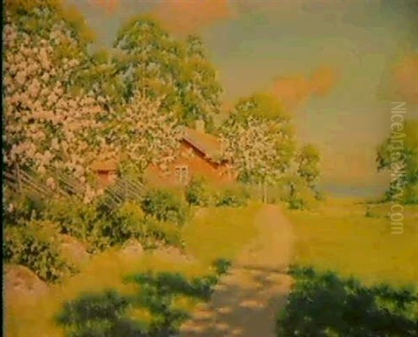 Forsommardag Med Blommande Frukttrad Vid Rod Stuga Oil Painting by Johan Fredrik Krouthen