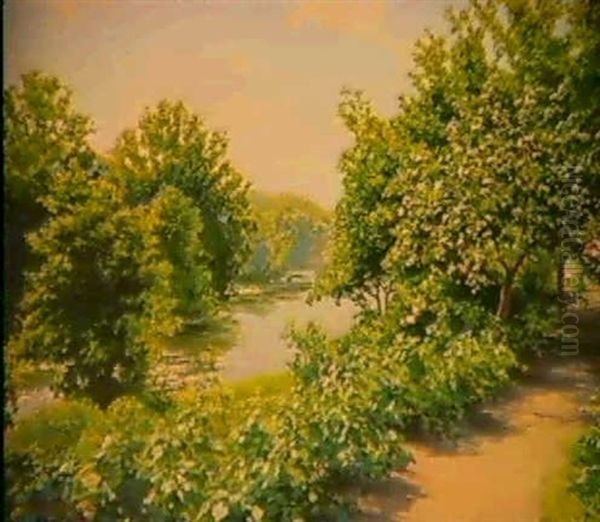 Forsommardag Med Blommande Frukttrad Vid Sjo Oil Painting by Johan Fredrik Krouthen