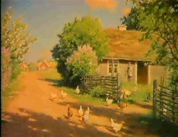 Sommarlandskap Med Pickande Hons Oil Painting by Johan Fredrik Krouthen