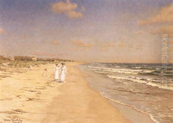 Figures Strolling Along A Beach Oil Painting by Johan Fredrik Krouthen