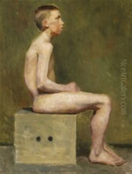 Boy On A Stool Oil Painting by Marie Kroyer