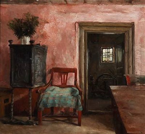 Rosy Interior With A Cast Iron Oven And A Spinning Wheel In Room Next Door Oil Painting by Marie Kroyer