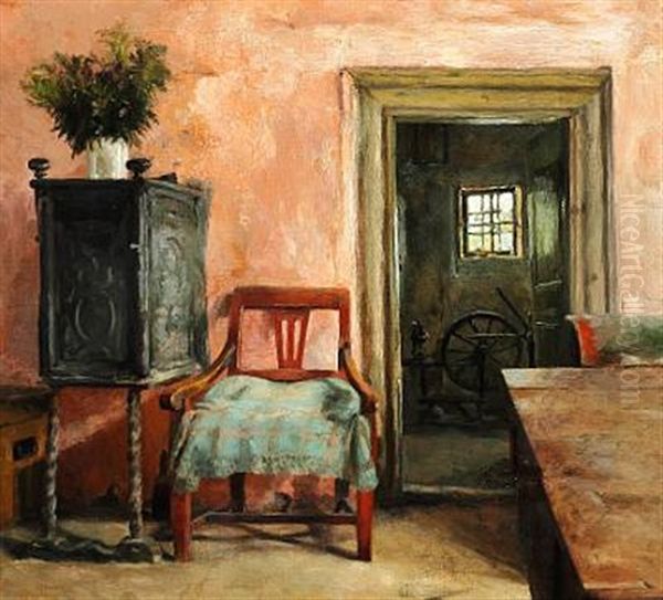 Rosy Interior With A Cast Iron Oven And A Spinning Wheel In The Room Next Door Oil Painting by Marie Kroyer