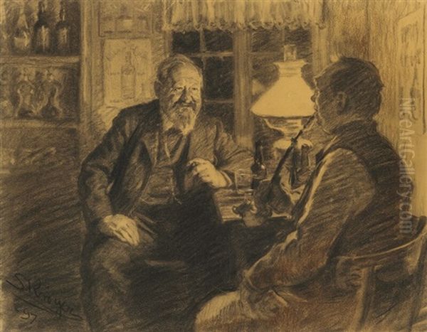 Interior From Skagen With The Author Sophus Schandorff And A Man Smoking A Pipe Oil Painting by Peder Severin Kroyer