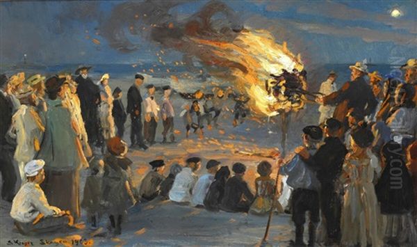 Midsummer Eve Bonfire On Skagen Beach Oil Painting by Peder Severin Kroyer