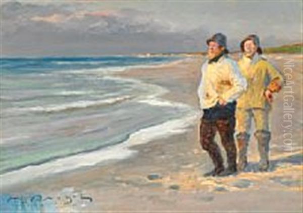 Two Fishermen On Skagen Nordstrand (north Beach) Oil Painting by Peder Severin Kroyer