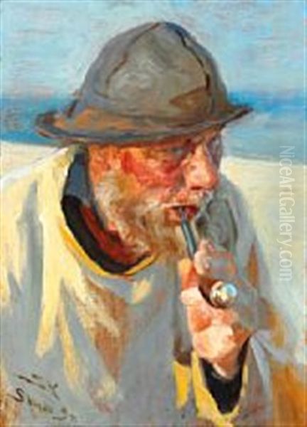 A Fisherman Smoking His Pipe Oil Painting by Peder Severin Kroyer