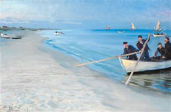 Skagensfiskere Gaa Ud. Tre Fiskere I En Hvid Baad, Hvoraf Kun Et Stykke Ses Oil Painting by Peder Severin Kroyer