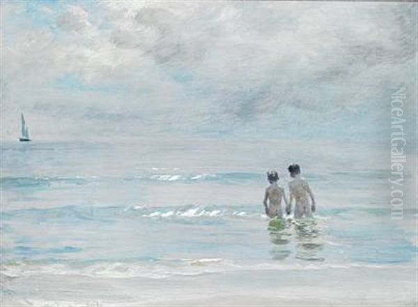 Marinestudie. Diset Graa Sommereftermiddag. To Drenge Sete Fra Ryggen Ude I Vandet Oil Painting by Peder Severin Kroyer